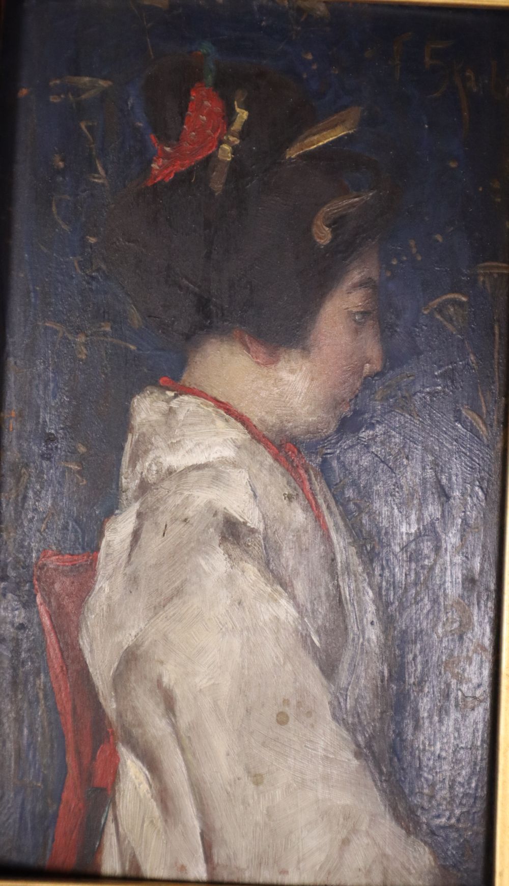F. Scarbin, oil on wooden panel, Profile portrait of a Japanese woman, signed, 16 x 9cm